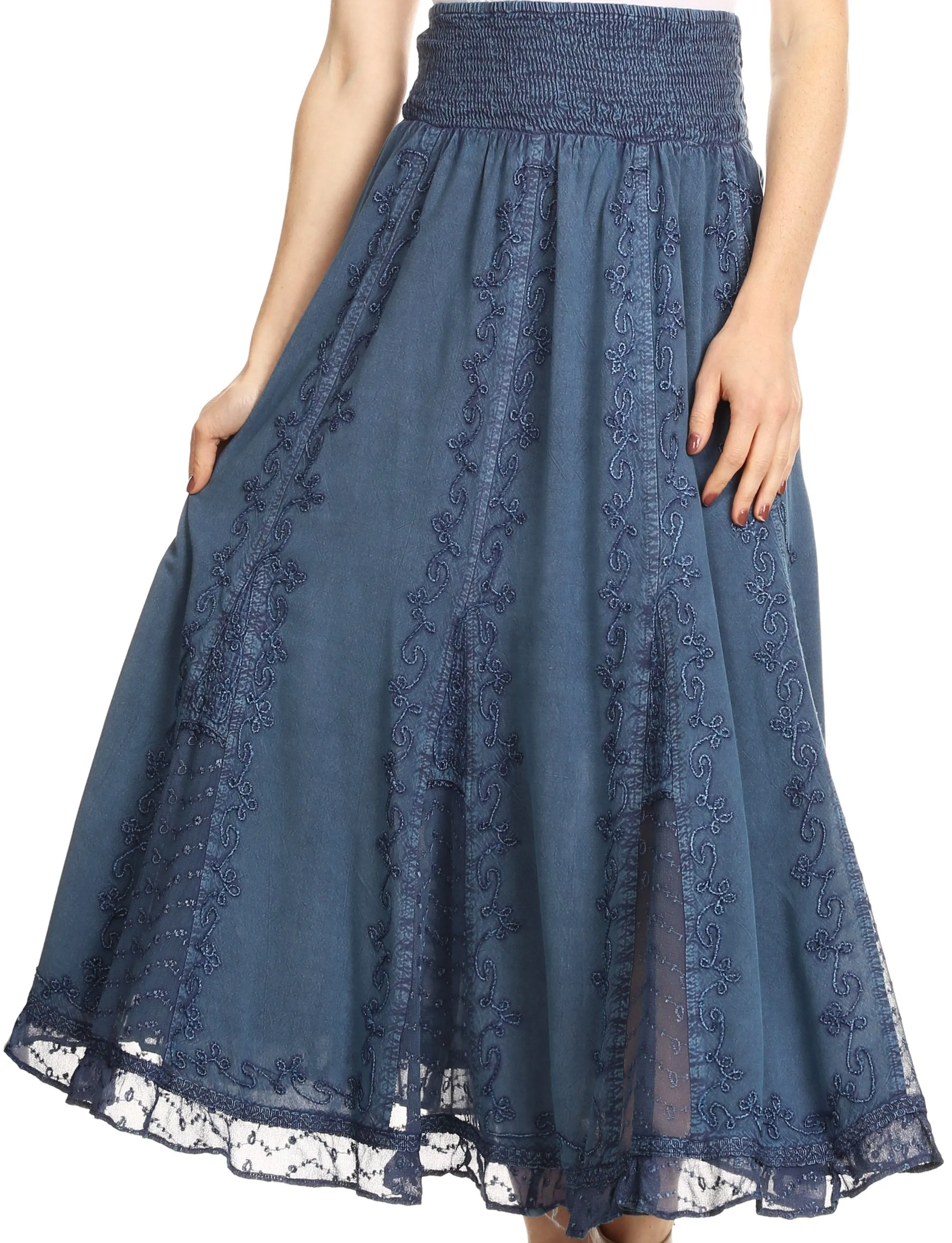 Sakkas Monola Long Tall Lace Embroidered Paneled Adjustable Waist Flare Skirt