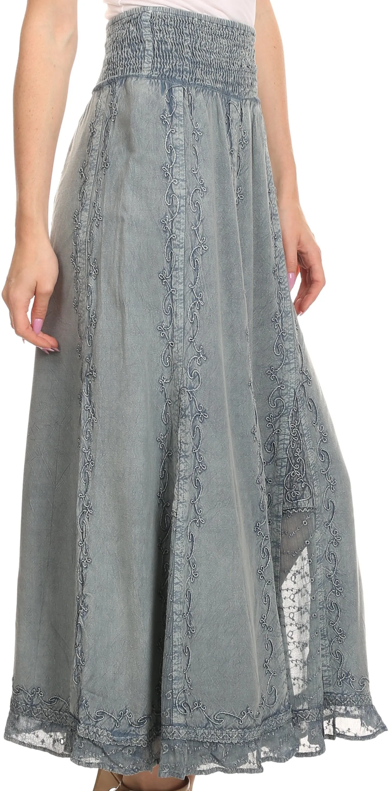 Sakkas Monola Long Tall Lace Embroidered Paneled Adjustable Waist Flare Skirt