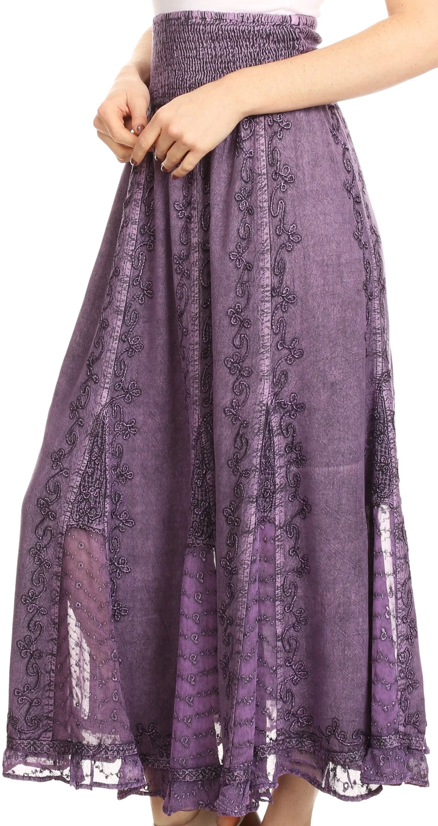 Sakkas Monola Long Tall Lace Embroidered Paneled Adjustable Waist Flare Skirt