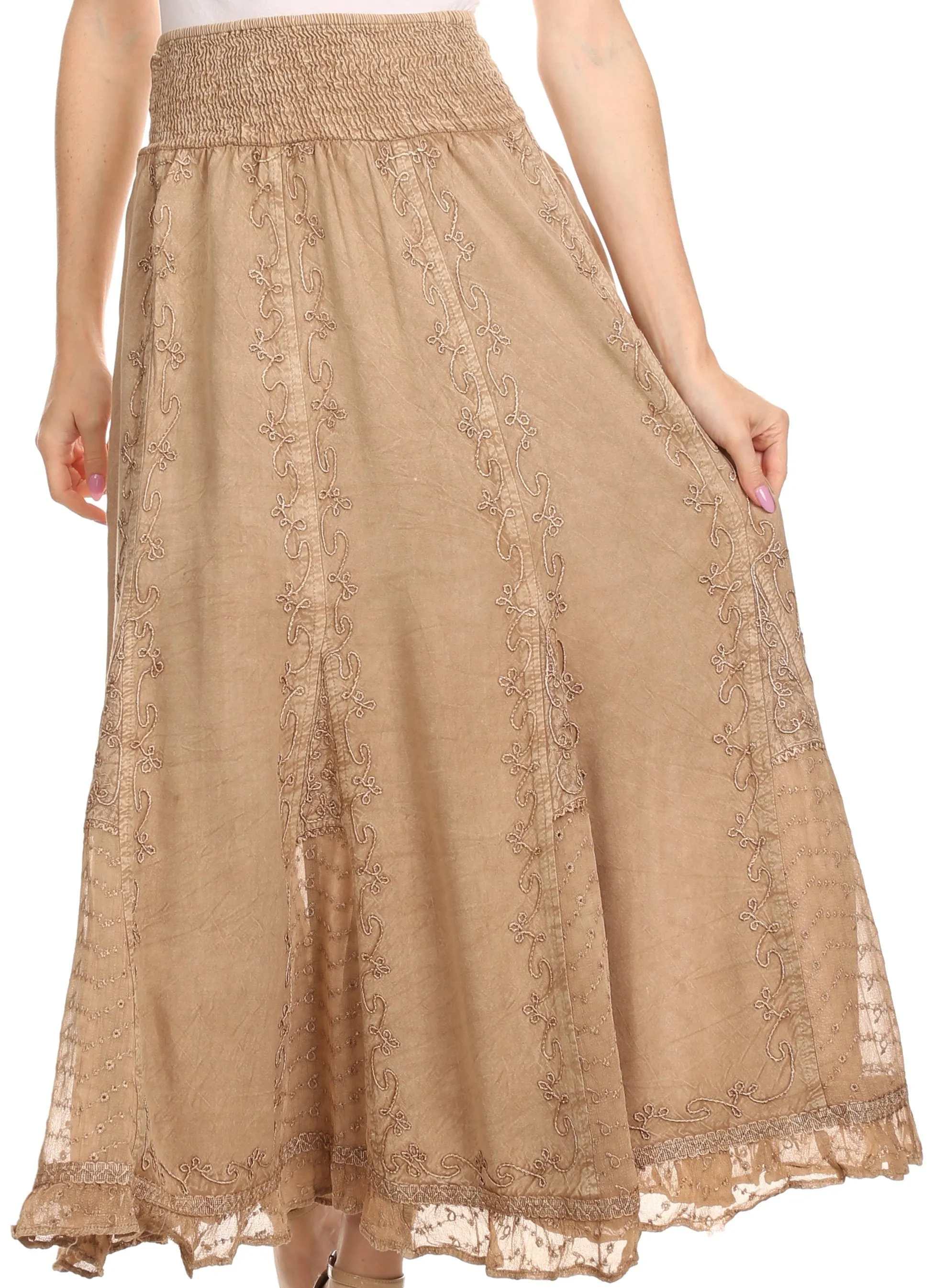 Sakkas Monola Long Tall Lace Embroidered Paneled Adjustable Waist Flare Skirt