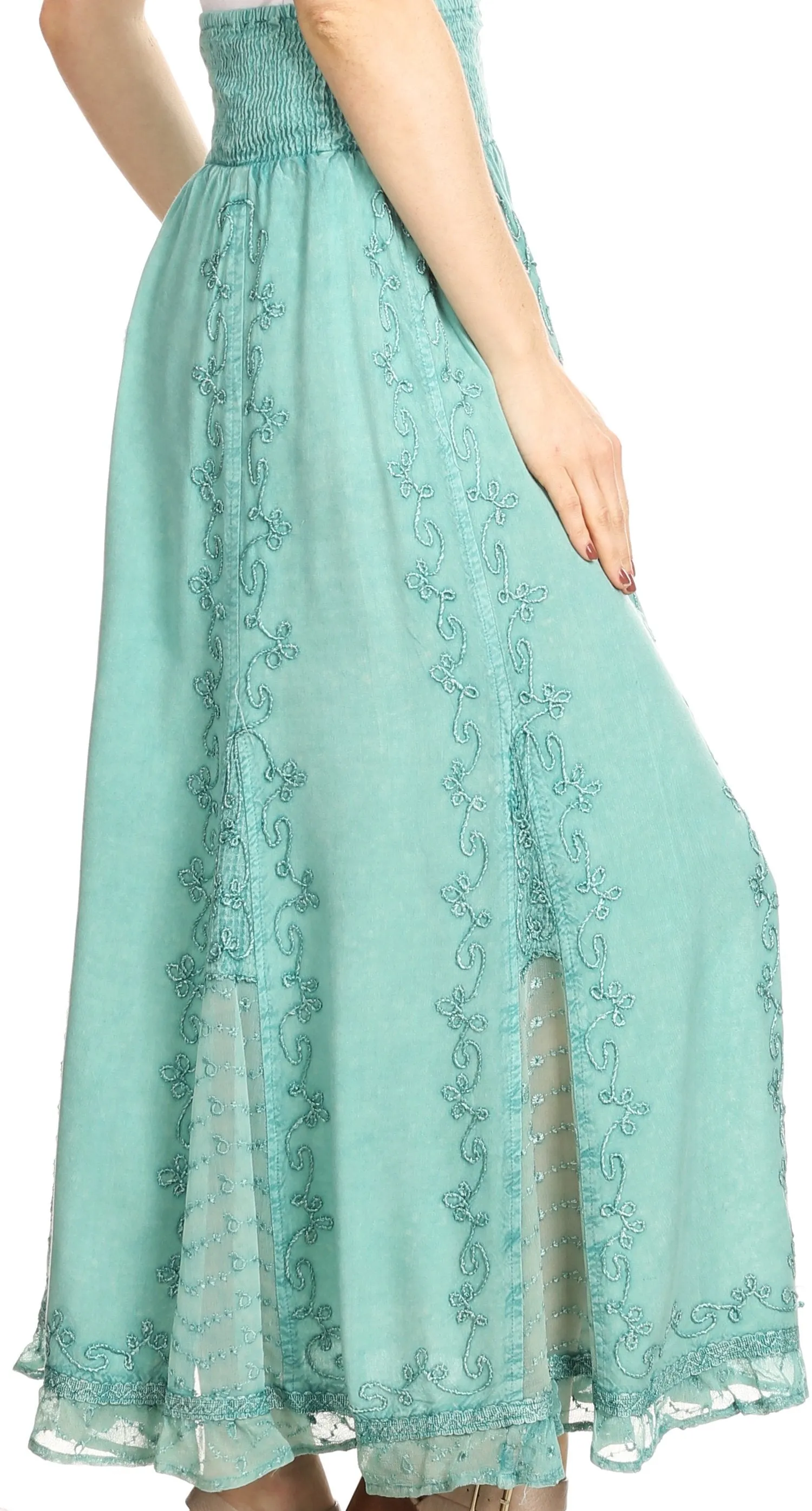 Sakkas Monola Long Tall Lace Embroidered Paneled Adjustable Waist Flare Skirt