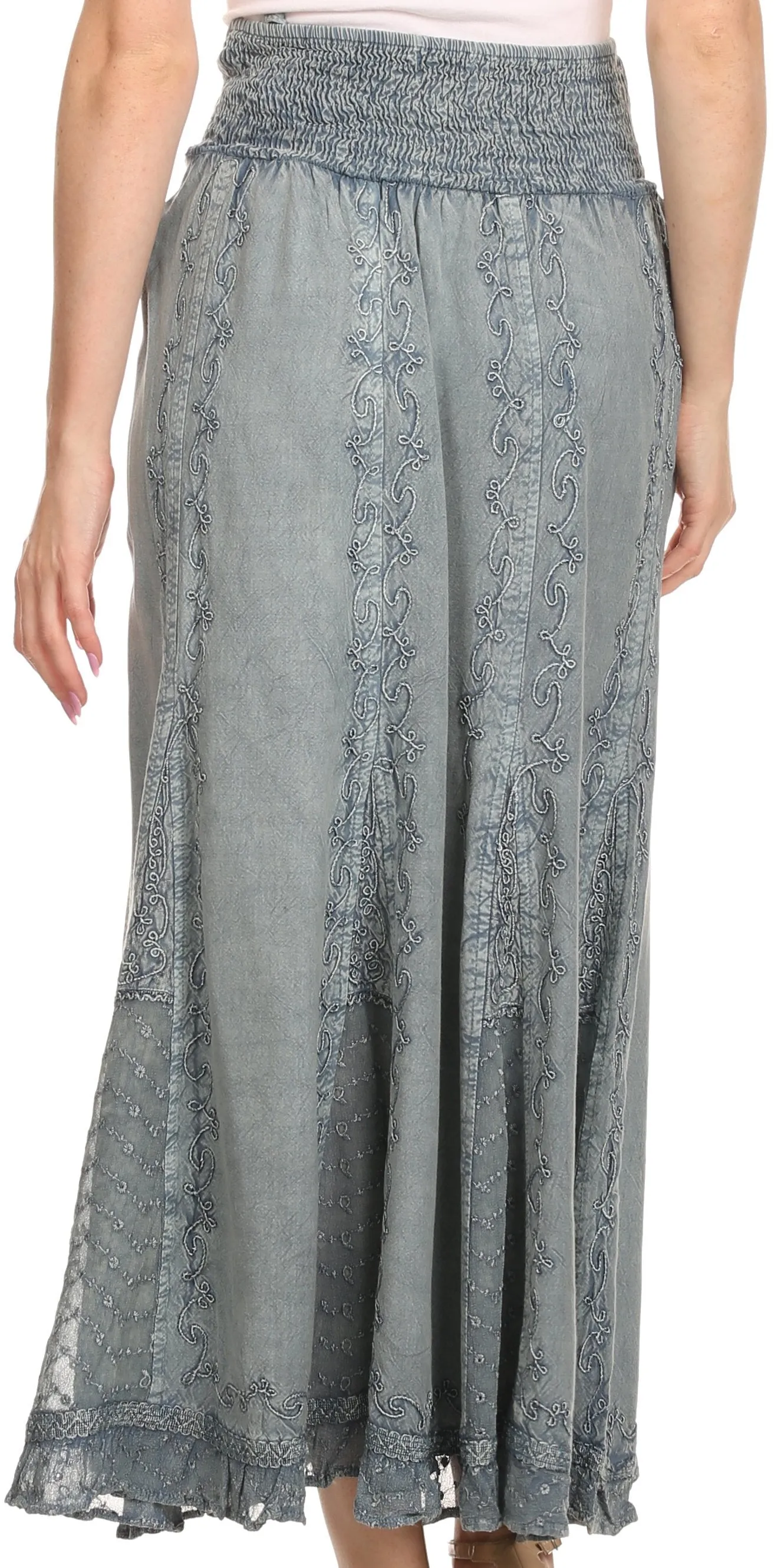 Sakkas Monola Long Tall Lace Embroidered Paneled Adjustable Waist Flare Skirt