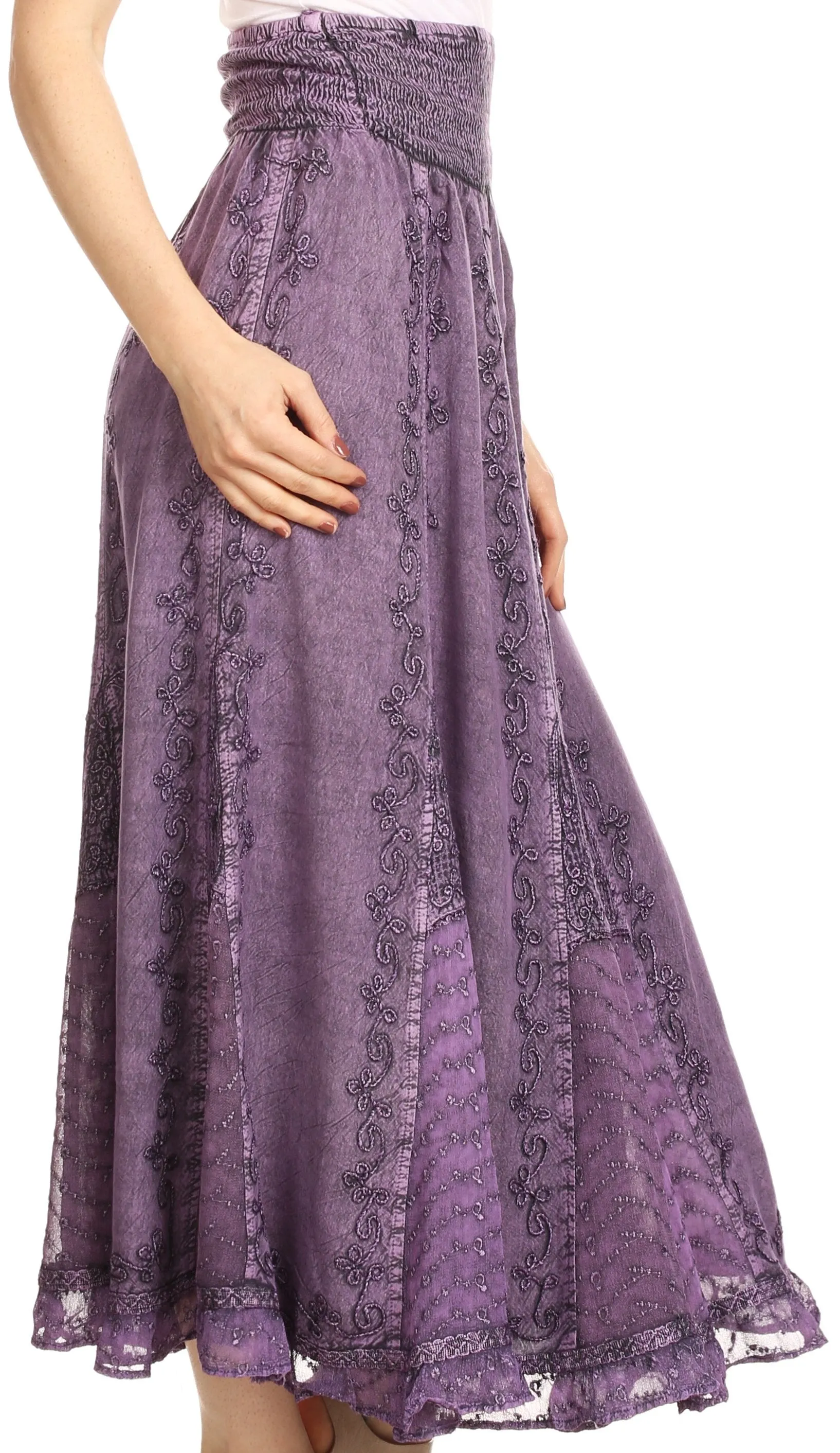 Sakkas Monola Long Tall Lace Embroidered Paneled Adjustable Waist Flare Skirt