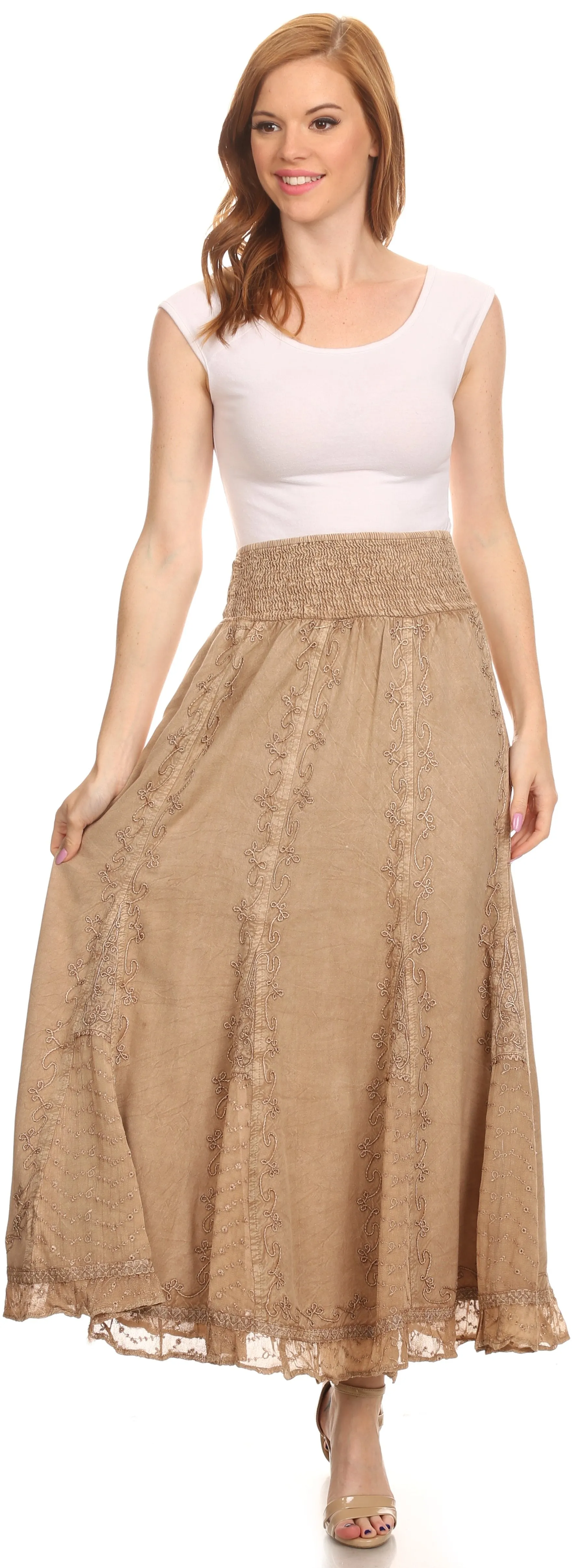 Sakkas Monola Long Tall Lace Embroidered Paneled Adjustable Waist Flare Skirt