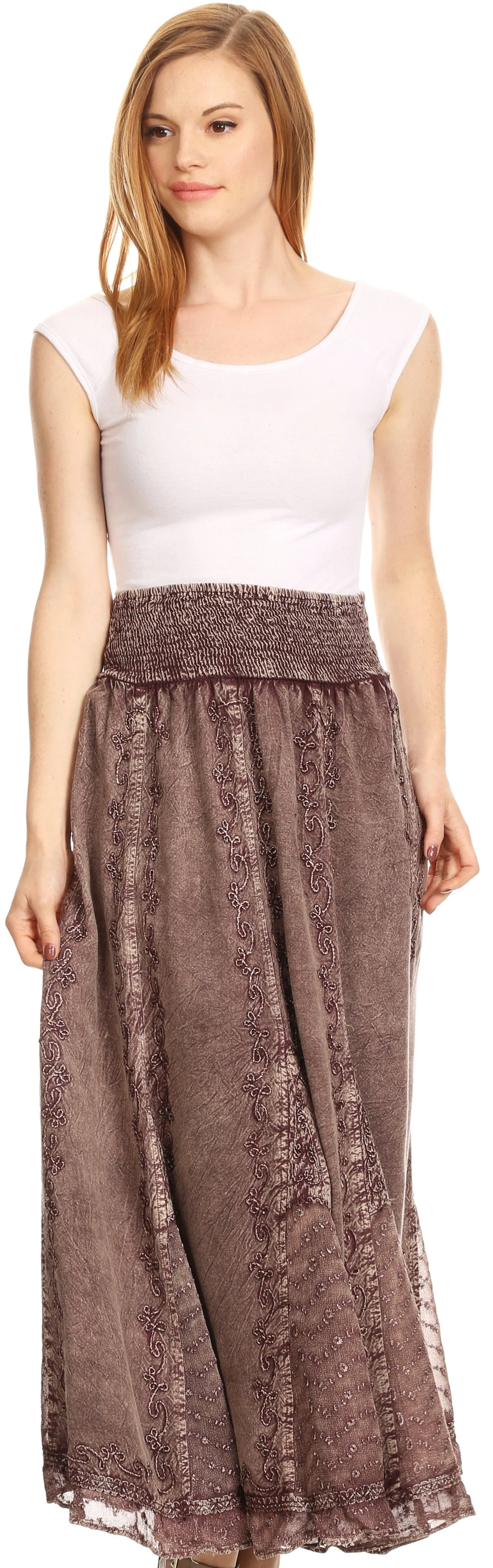 Sakkas Monola Long Tall Lace Embroidered Paneled Adjustable Waist Flare Skirt