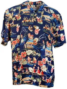 Santa's Surf Shack Mens Hawaiian Christmas Shirt in Navy