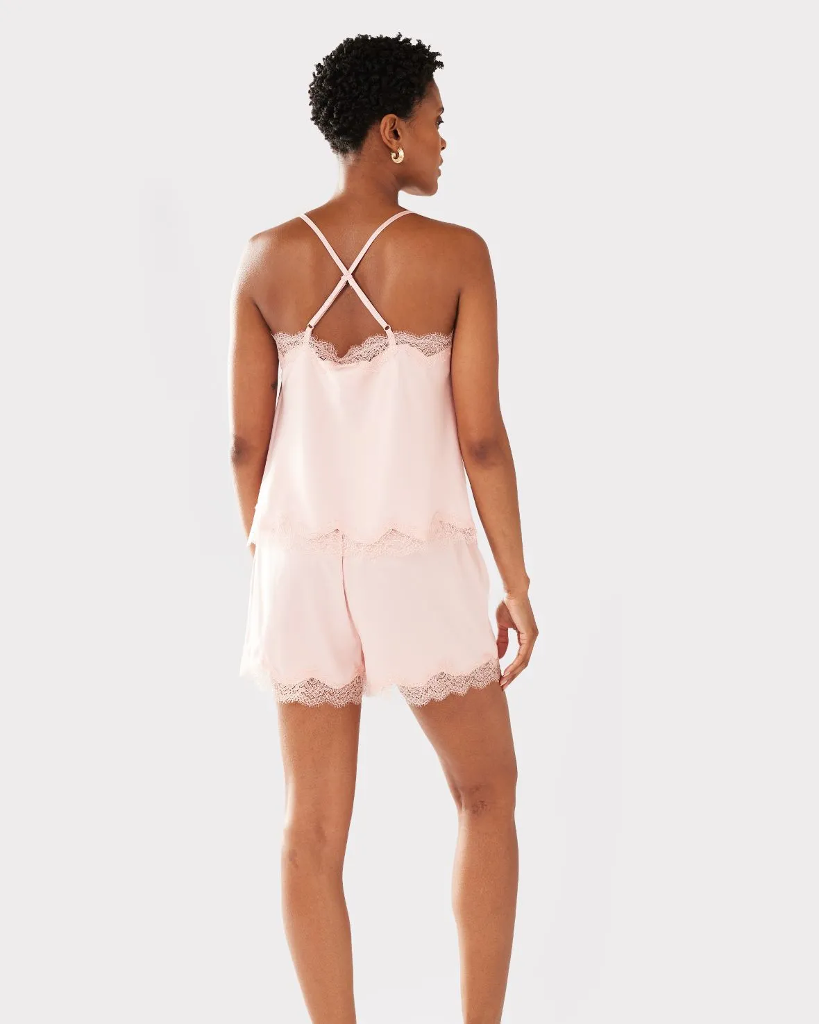 Satin Lace Trim Cami Short Pyjama Set - Blush