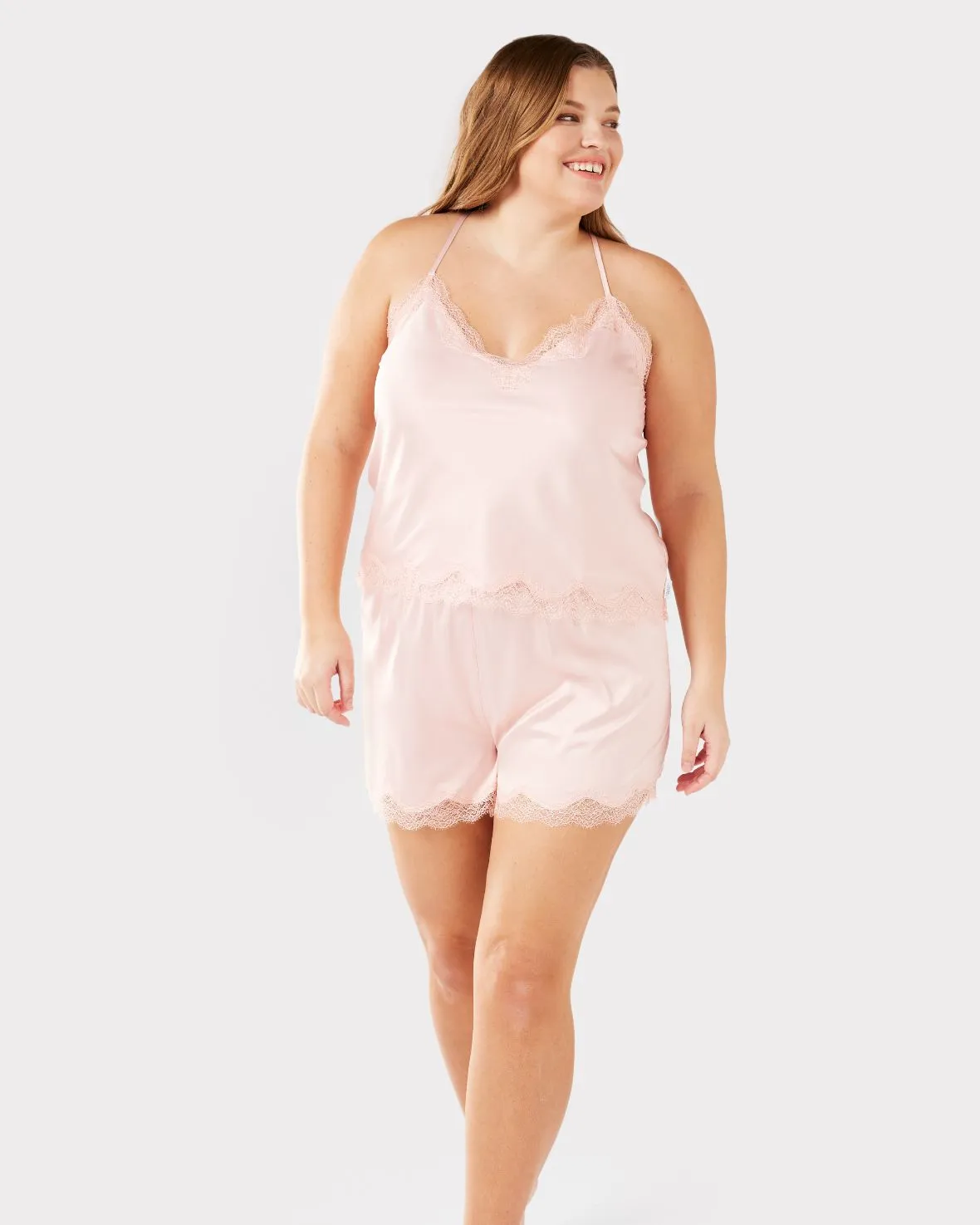 Satin Lace Trim Cami Short Pyjama Set - Blush