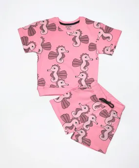 Sea Horse Print Kids Oversized Half Sleeves T-Shirt and Shorts Set