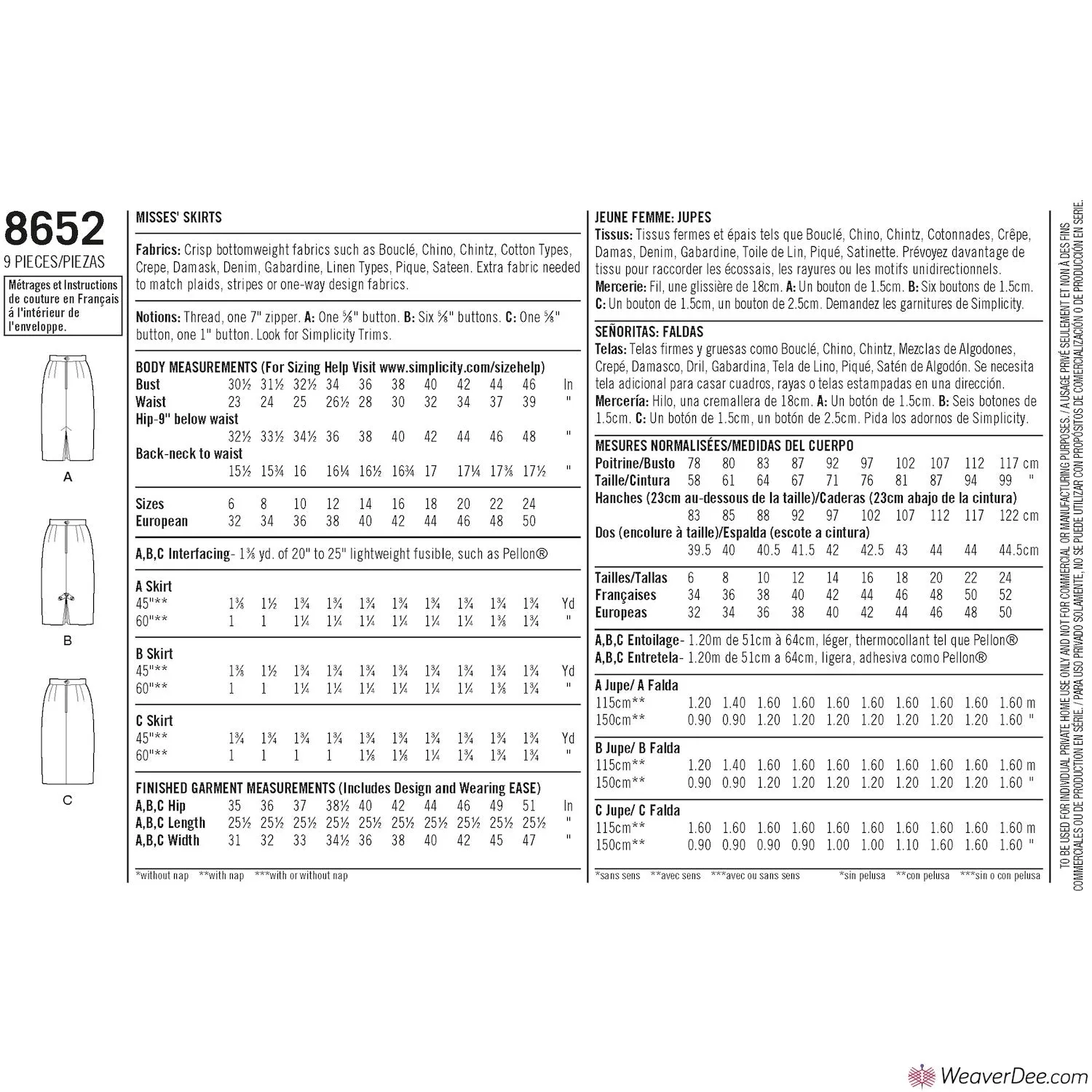 Simplicity Pattern S8652 Misses' Skirts