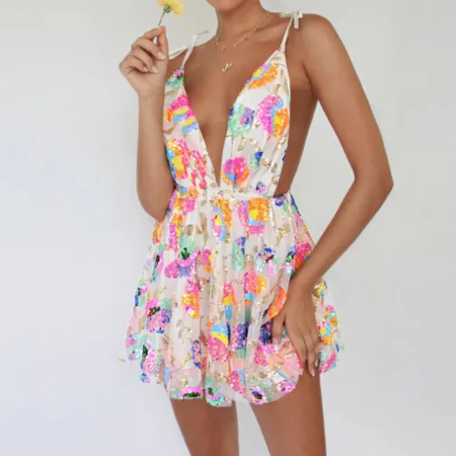 Sleeveless Floral Sequin Rave Dress