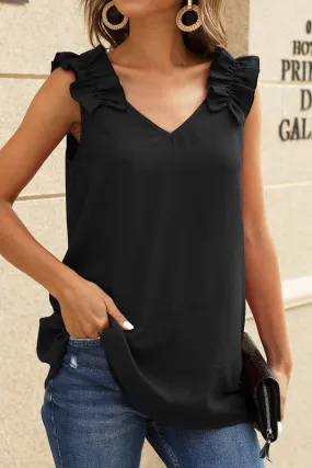 Sleeveless V-Neck Top with Ruffle Detail