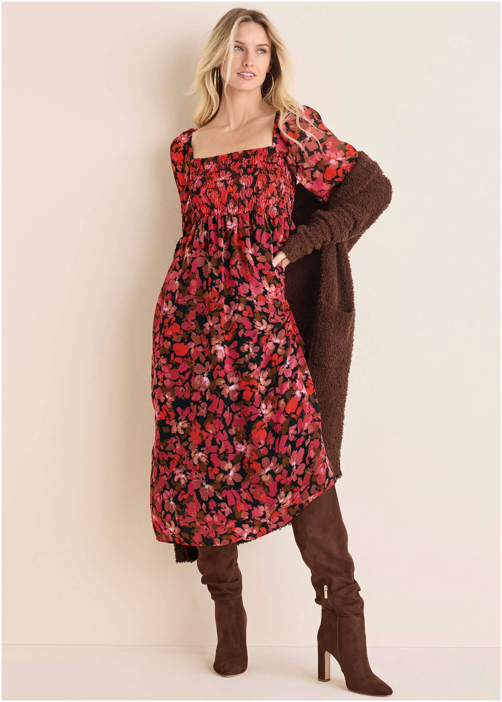 Smocked Midi Dress - Autumn Petals