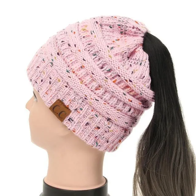 Soft Knit Ponytail Confetti Beanie