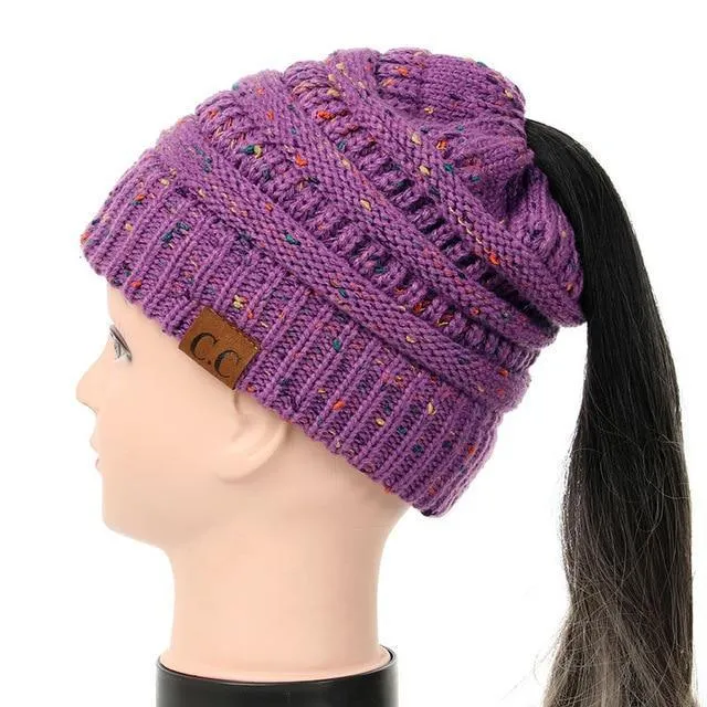 Soft Knit Ponytail Confetti Beanie