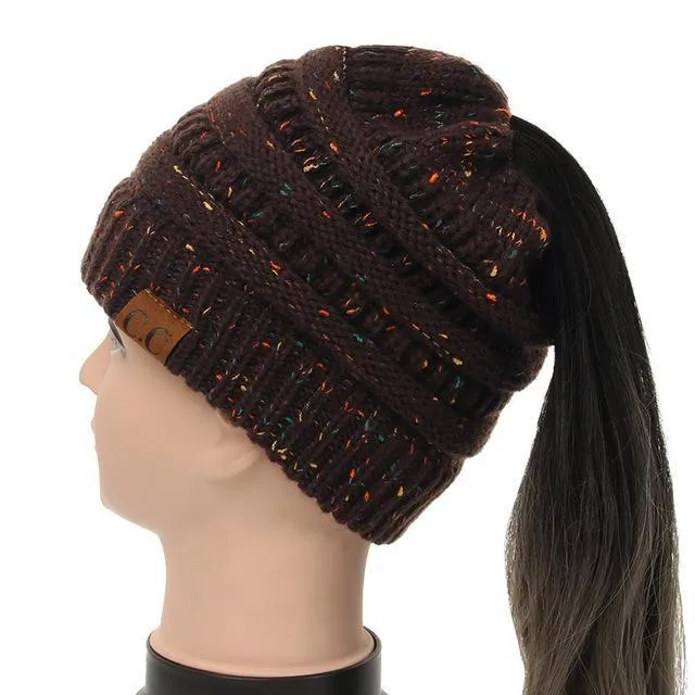 Soft Knit Ponytail Confetti Beanie