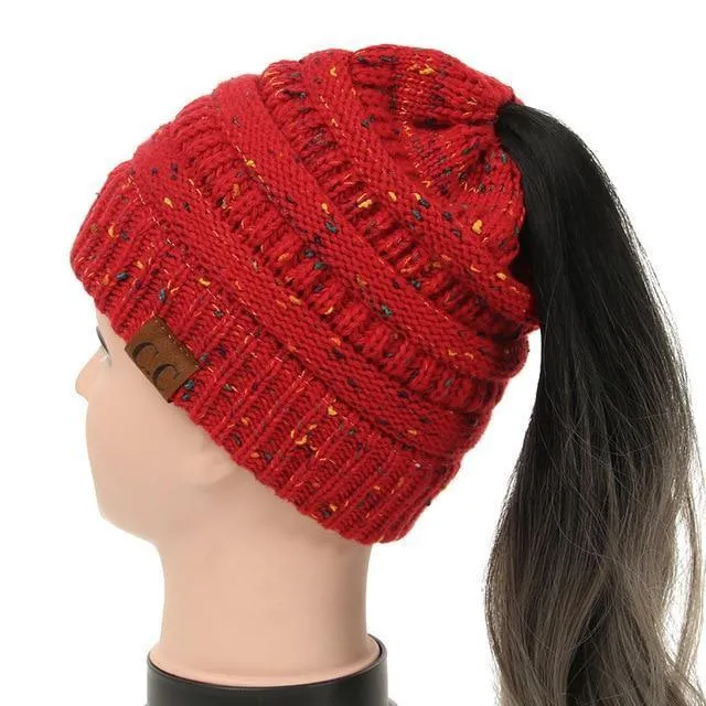 Soft Knit Ponytail Confetti Beanie