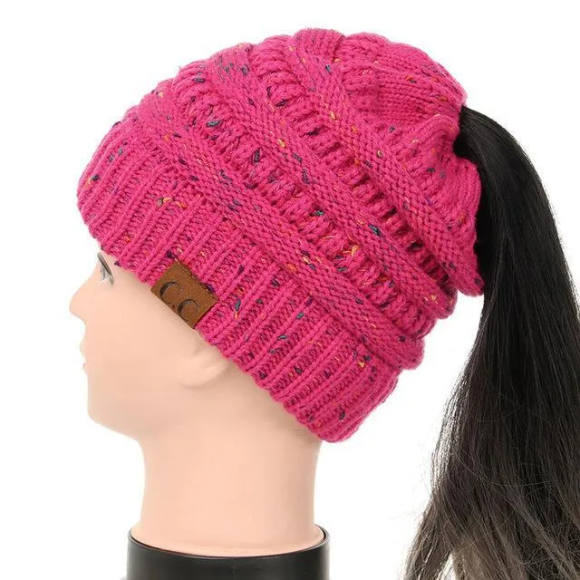 Soft Knit Ponytail Confetti Beanie