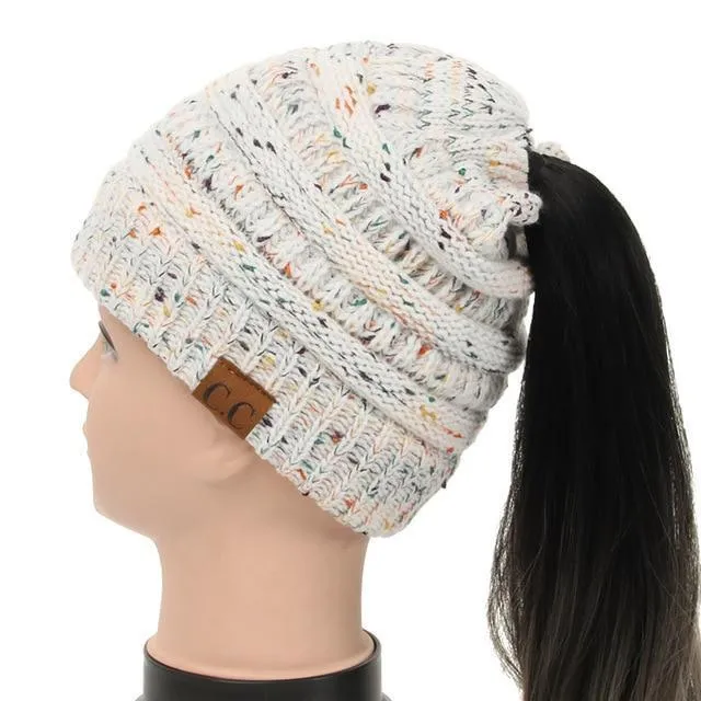 Soft Knit Ponytail Confetti Beanie