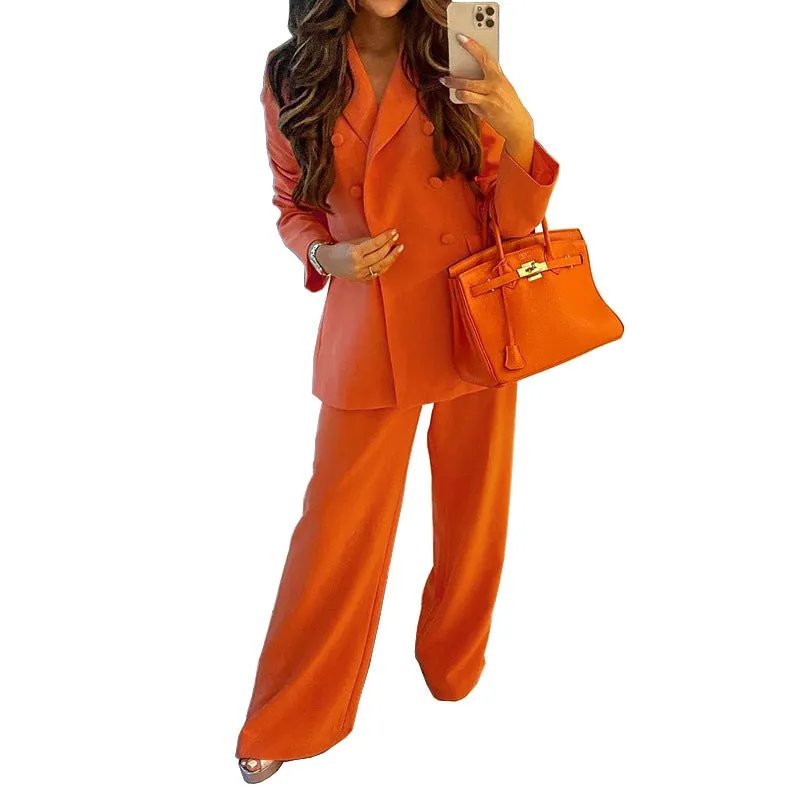 Solid Color Blazer Casual Wide Leg Pants Suit