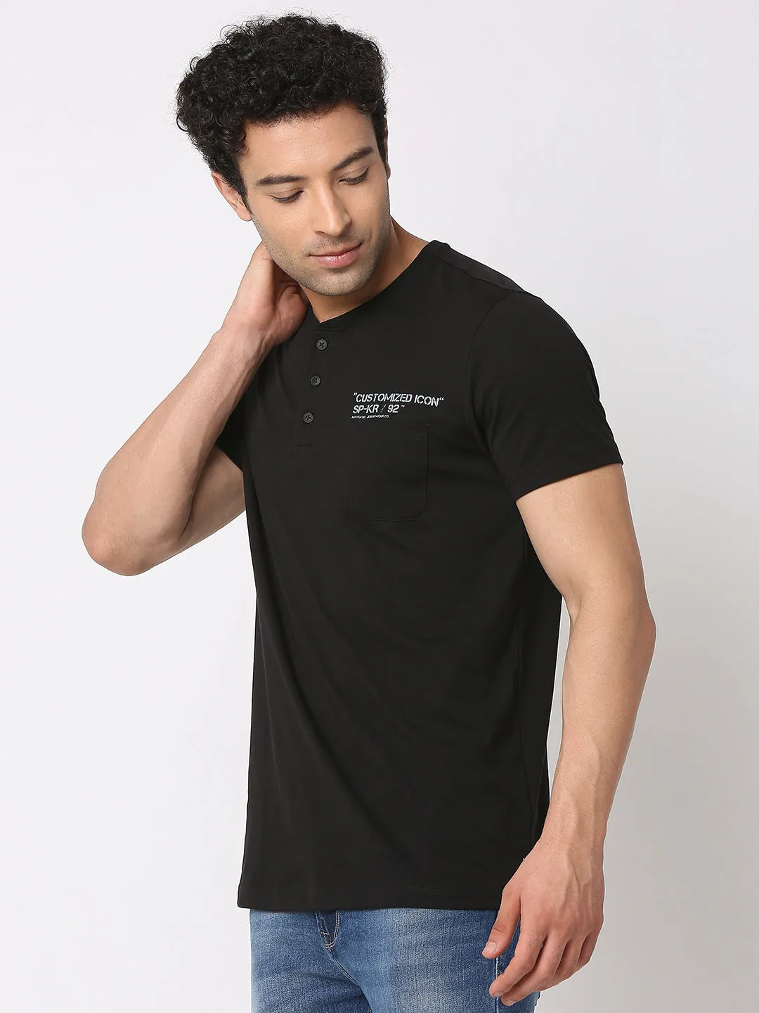 Spykar Men Black Cotton Slim Fit Henley Neck Plain T-Shirt