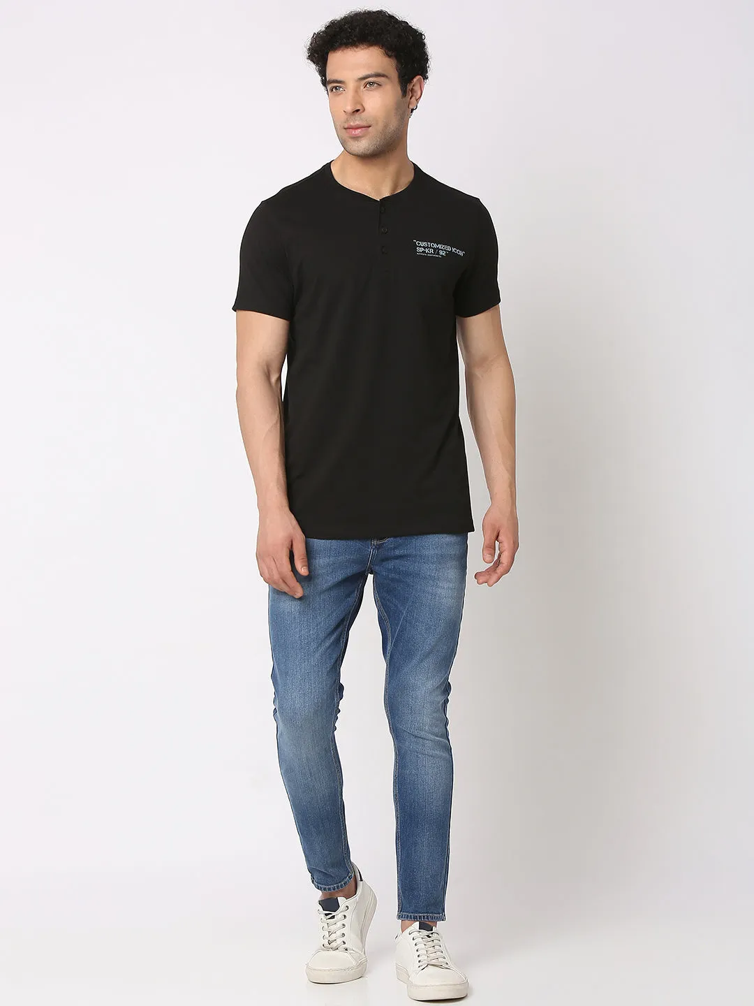 Spykar Men Black Cotton Slim Fit Henley Neck Plain T-Shirt