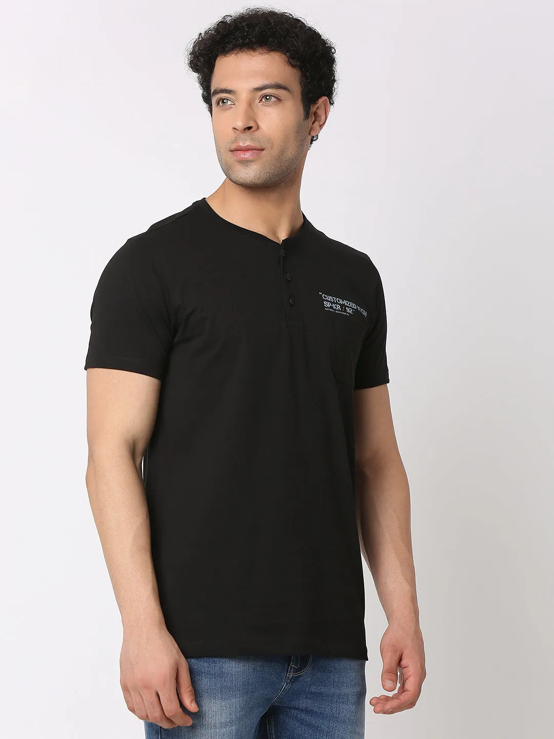 Spykar Men Black Cotton Slim Fit Henley Neck Plain T-Shirt