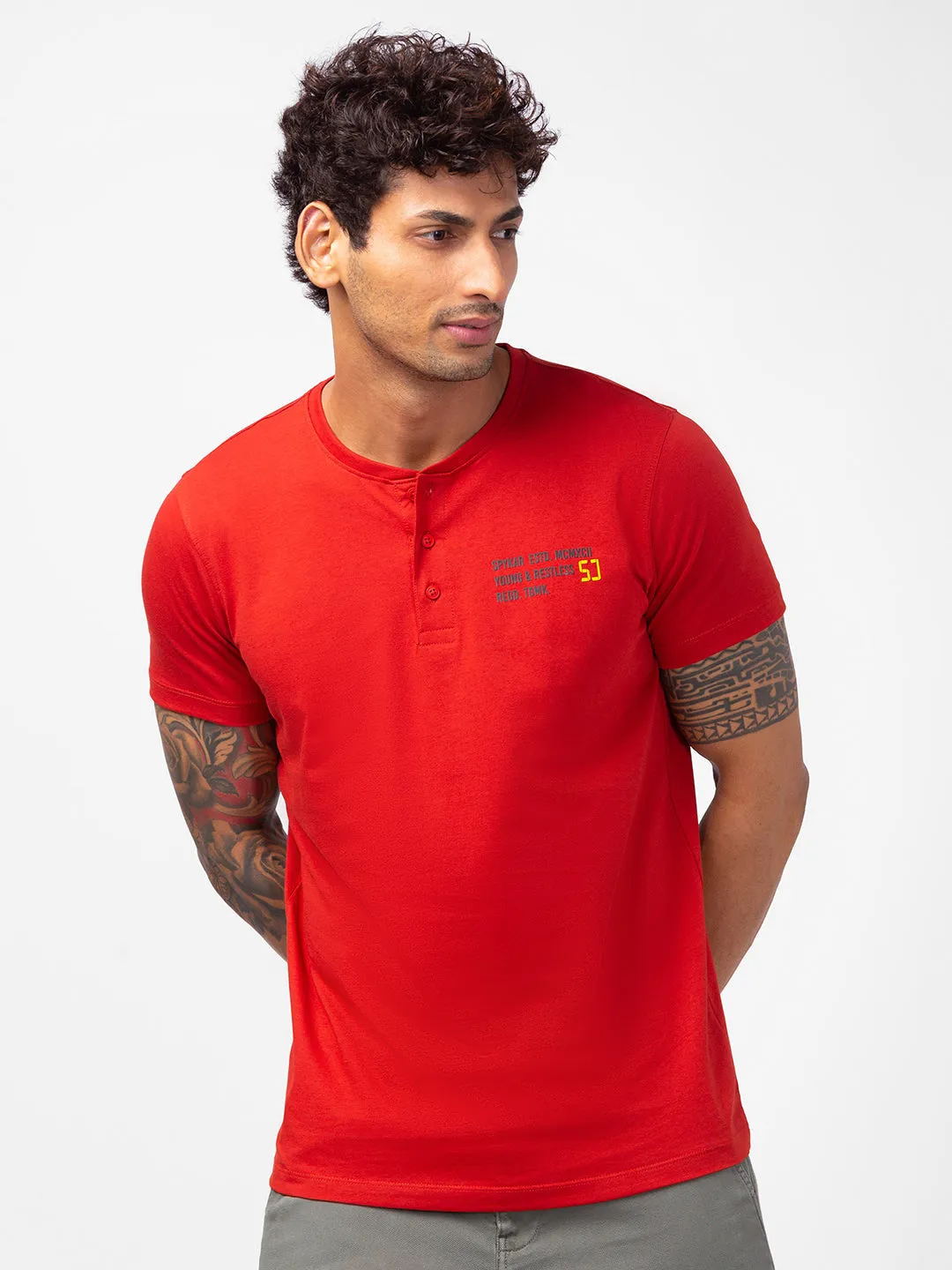 Spykar Men Burnt Orange Cotton Slim Fit Henley Neck Plain T-Shirt