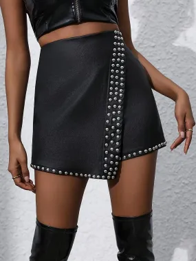 Stylish High-Rise Studded Denim Skirt - Women's Denim Skirts with Elegant Coated Finish, Black Color, and Comfortable Design for Fashionable Ladies