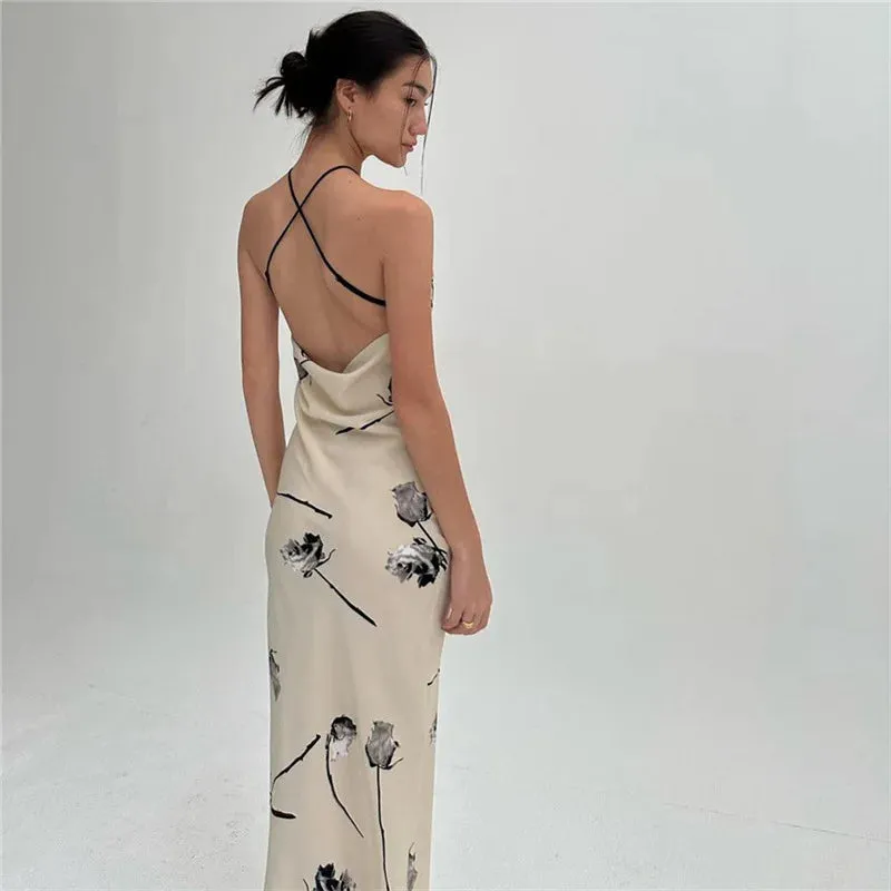 Summer Print Halter Backless Satin Split Women's Floral Dress - 2024 Hot Vestidos