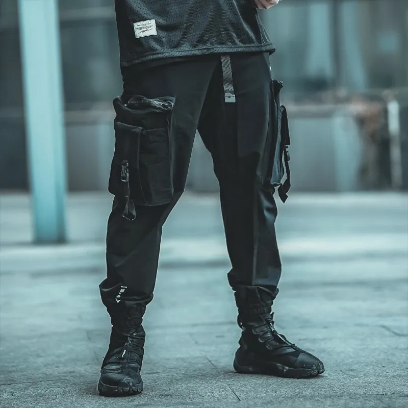 Tactical Functional Cargo Pants Joggers Men Ribbons Multi-pocket Trousers Autumn Hip Hop Streetwear Harem Pant Black WB755