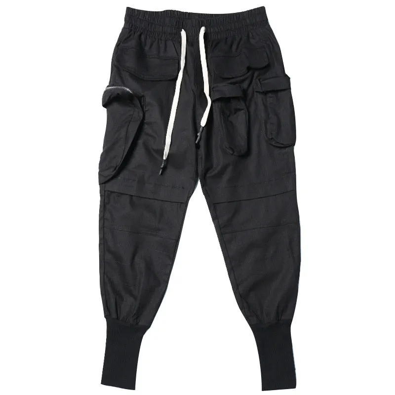 Tactical Functional Cargo Pants Men Hip Hop Streetwear Elastic Waist Joggers Trousers Multi-pocket Pant Black WB525