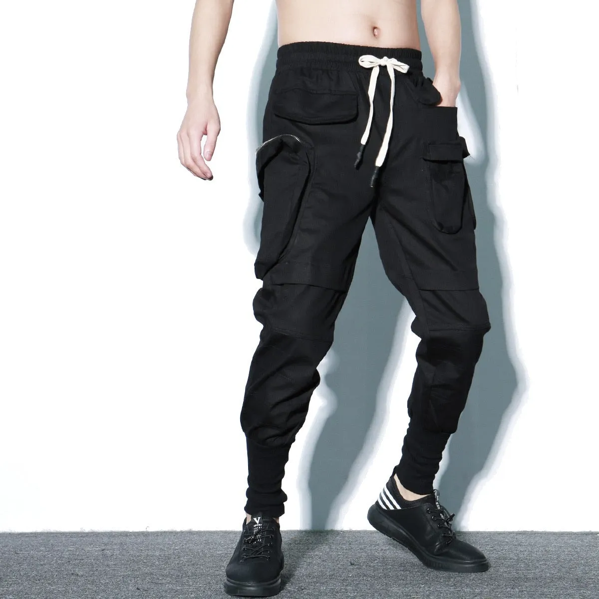 Tactical Functional Cargo Pants Men Hip Hop Streetwear Elastic Waist Joggers Trousers Multi-pocket Pant Black WB525