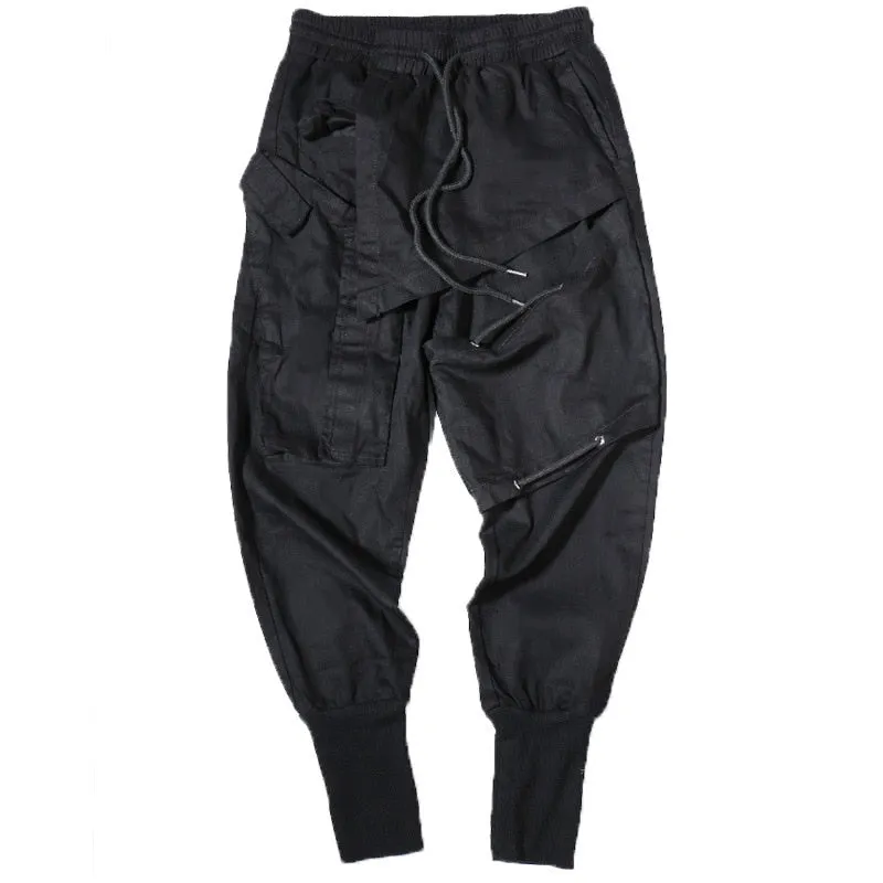 Tactical Functional Cargo Trousers Men Hip Hop Streetwear Elastic Waist Pants Joggers Irregular Multi-pocket Pant Black WB520