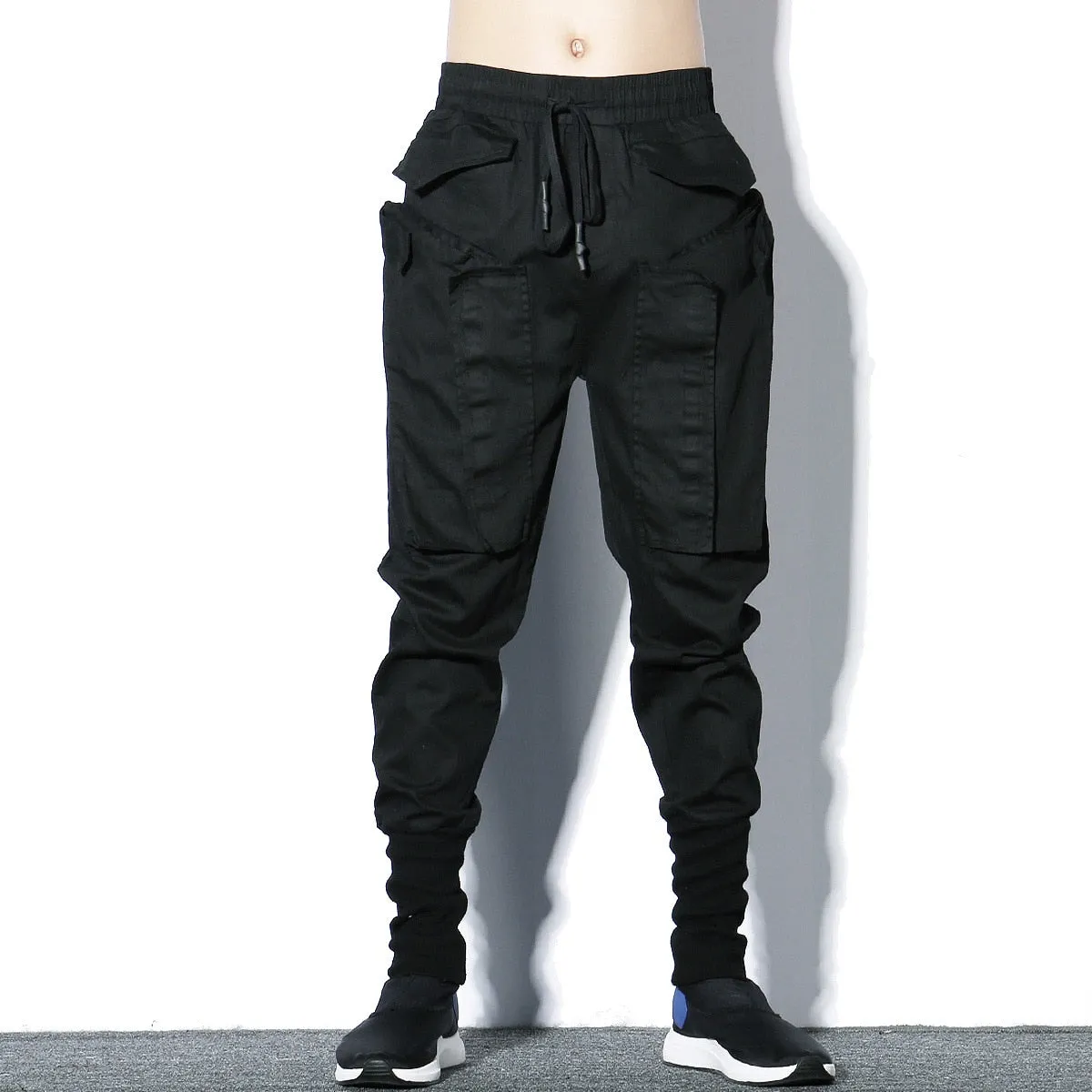 Tactical Functional Cargo Trousers Men Hip Hop Streetwear Elastic Waist Pants Joggers Irregular Multi-pocket Pant Black WB520