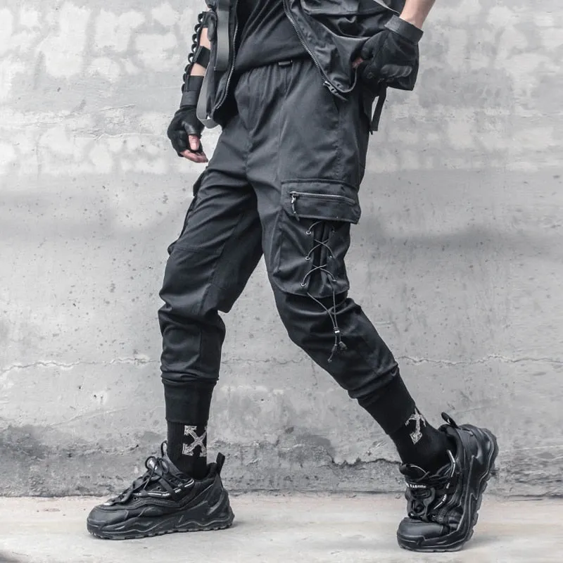 Tactical Functional Pants Joggers Men Pocket Drawstring Design Trousers Autumn Hip Hop Streetwear Harem Pant Black