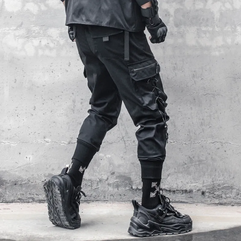 Tactical Functional Pants Joggers Men Pocket Drawstring Design Trousers Autumn Hip Hop Streetwear Harem Pant Black