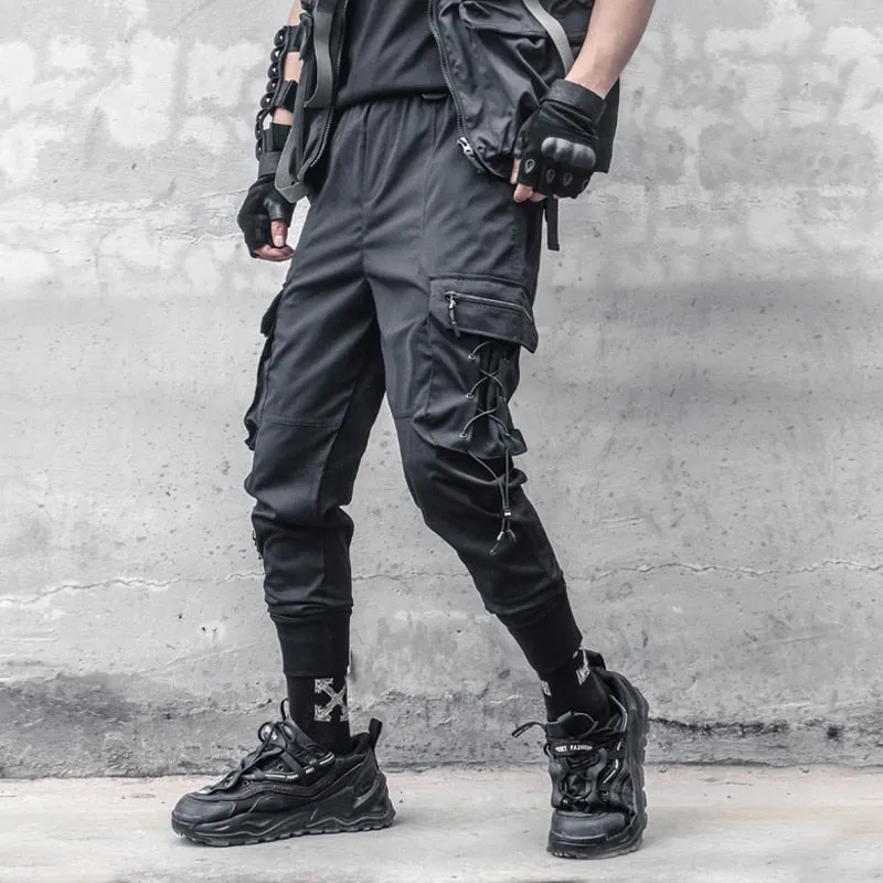 Tactical Functional Pants Joggers Men Pocket Drawstring Design Trousers Autumn Hip Hop Streetwear Harem Pant Black