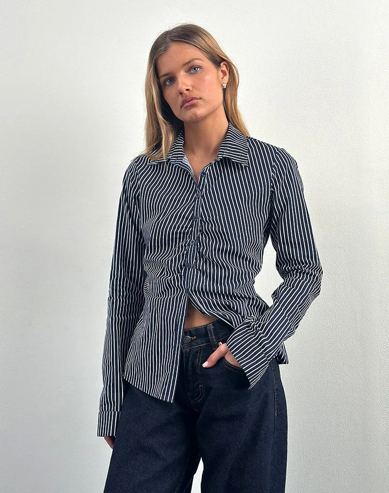 Tarsi Fitted Shirt in Mono Stripe Navy