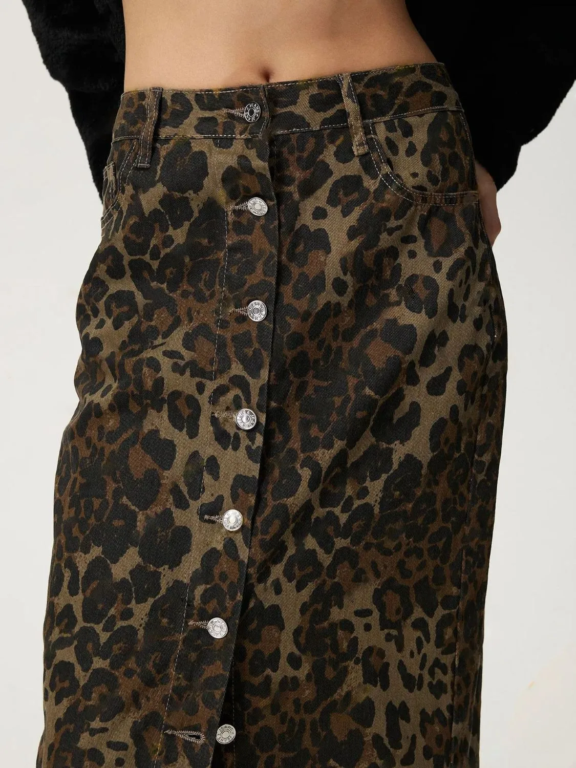 TEEK - Leopard Button Up Denim Skirt