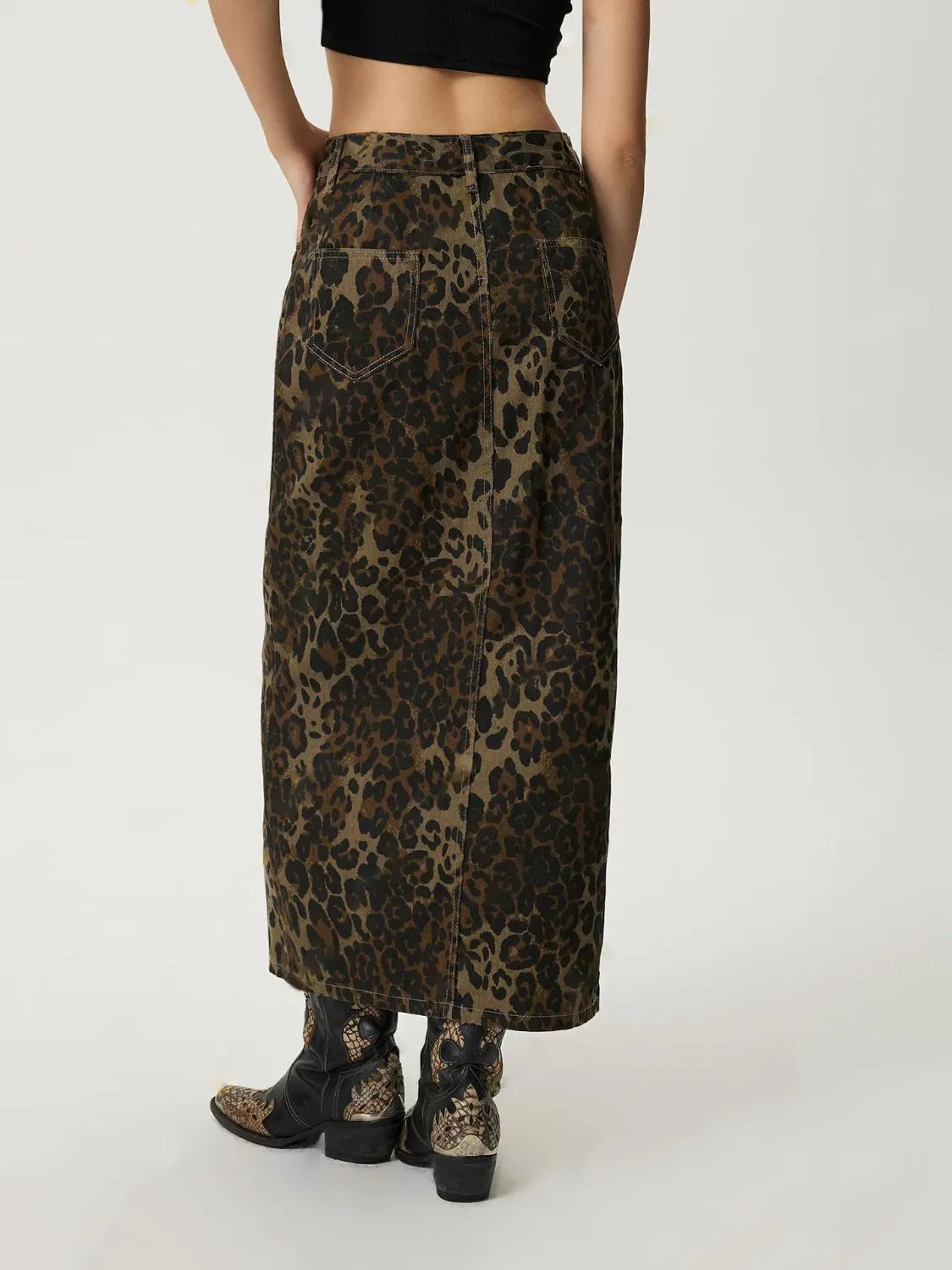 TEEK - Leopard Button Up Denim Skirt