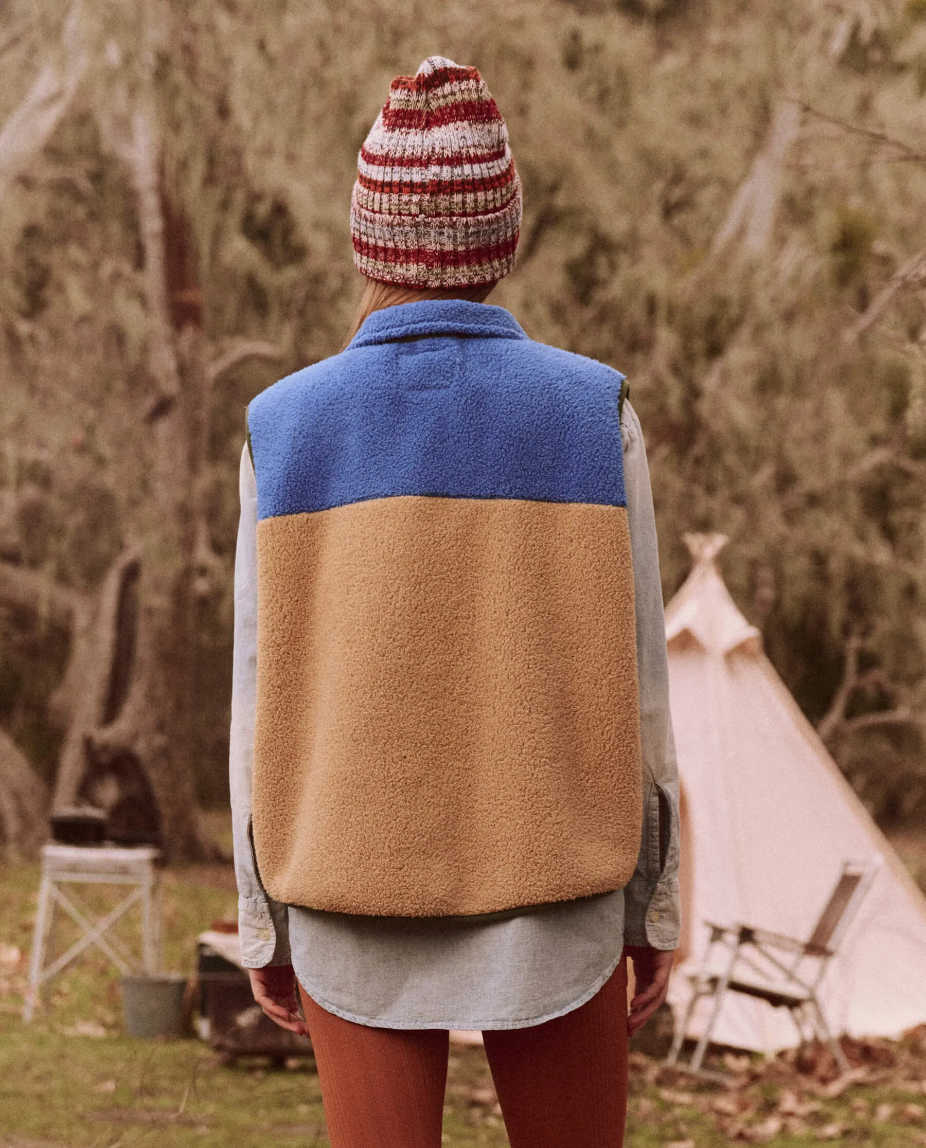 The Plush Colorblock Terrain Vest. -- Ocean Blue and Fawn