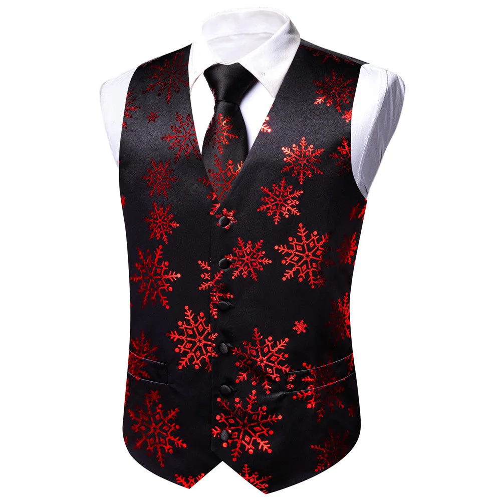 Ties2you Mens Silk Waistcoat Black Red Tree Snow Christmas Vest Necktie Set