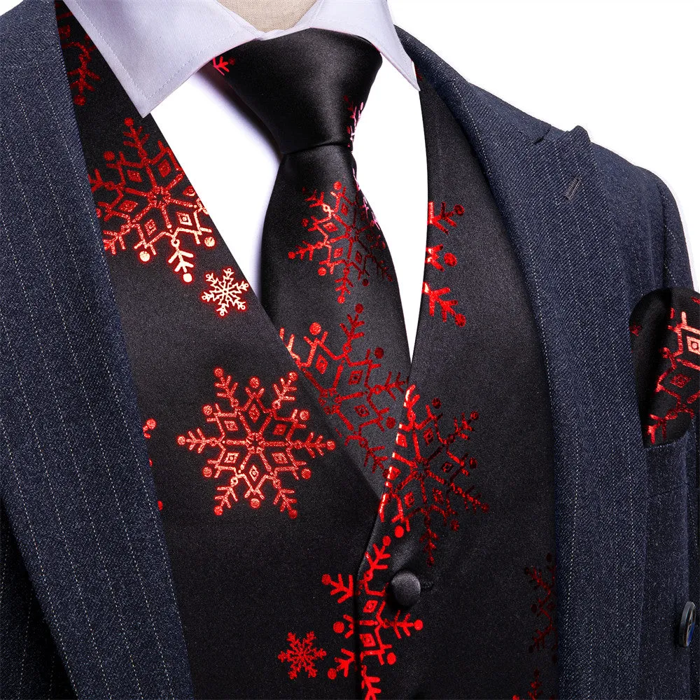 Ties2you Mens Silk Waistcoat Black Red Tree Snow Christmas Vest Necktie Set