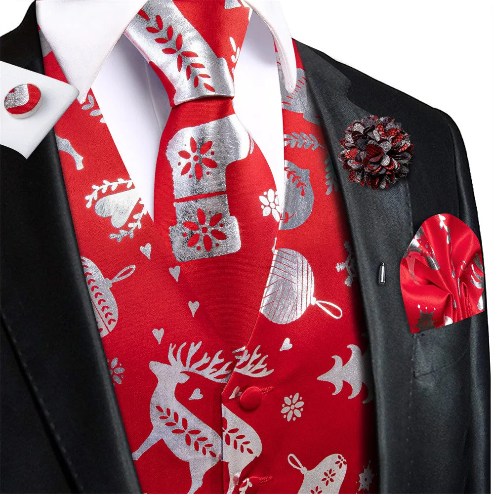 Ties2you Mens Silk Waistcoat Red Silver Christmas Elements Vest Necktie Set