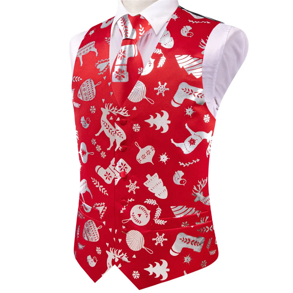 Ties2you Mens Silk Waistcoat Red Silver Christmas Elements Vest Necktie Set