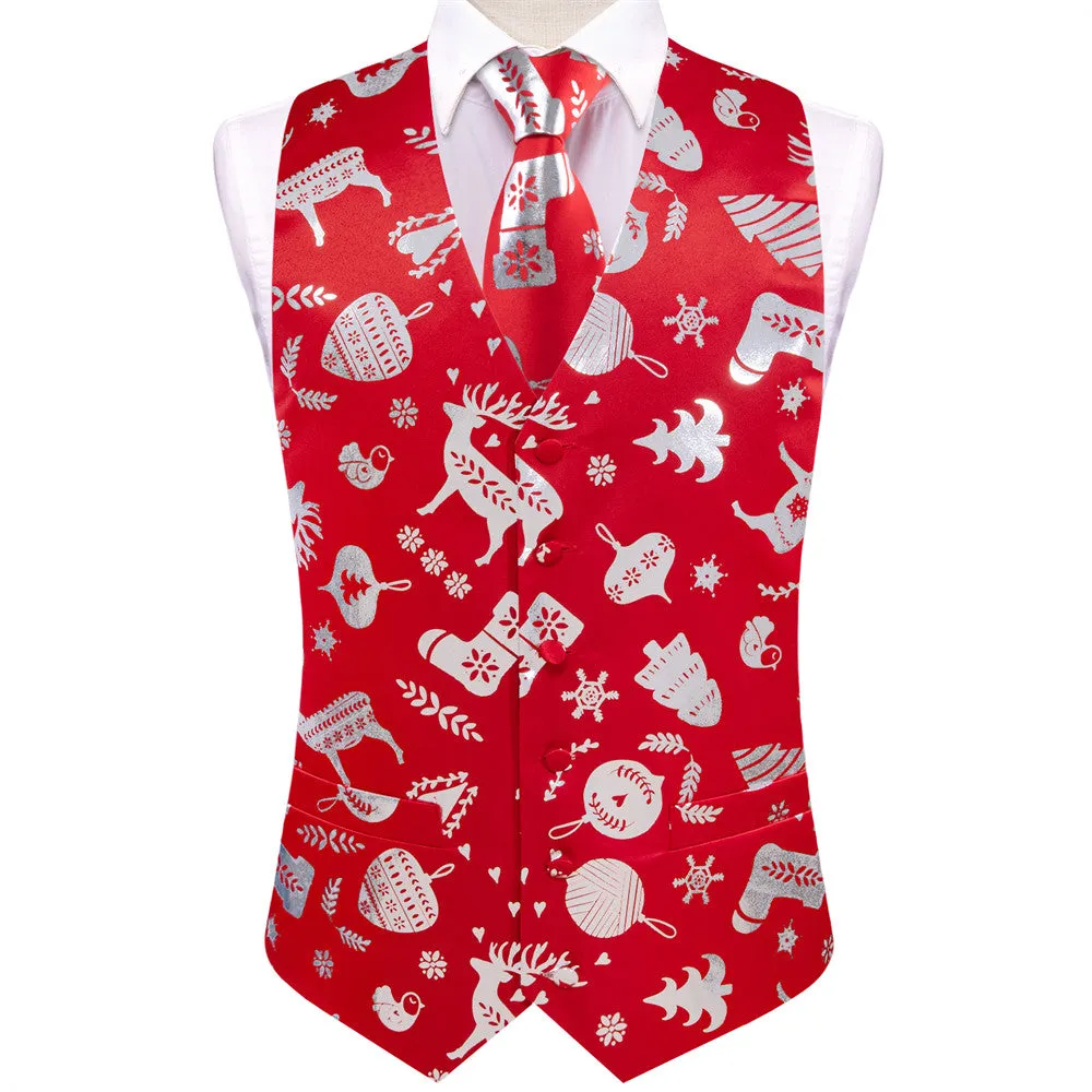 Ties2you Mens Silk Waistcoat Red Silver Christmas Elements Vest Necktie Set