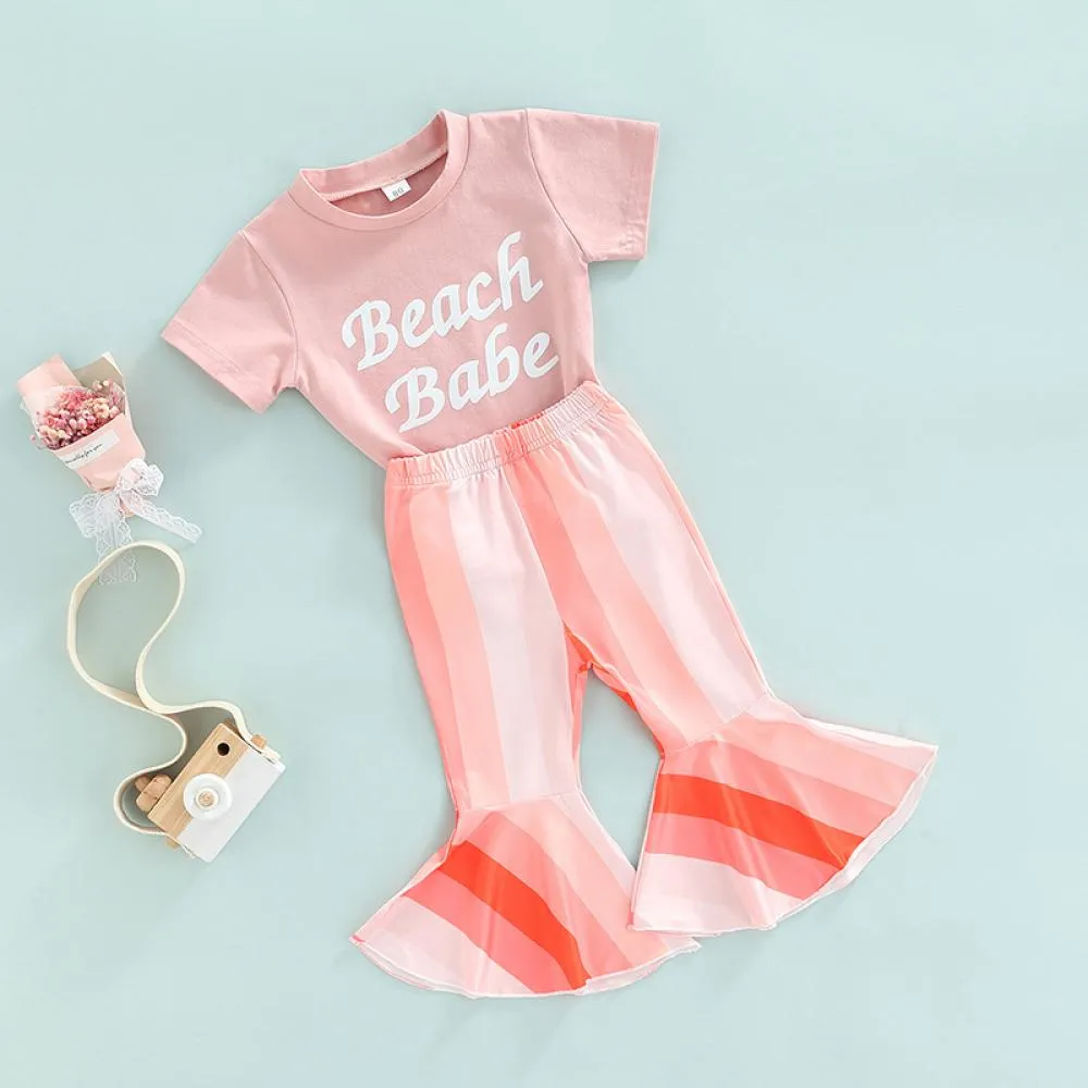 Toddler Girls Letter Babe Printed Top and Bell Bottoms Flared Pants Rainbow Trendy Baby Girl Wholesale