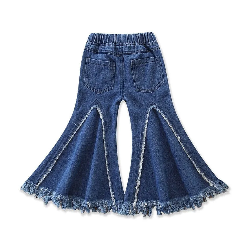 Trendy Girls' Elastic Waist Flared Denim Trousers Blue