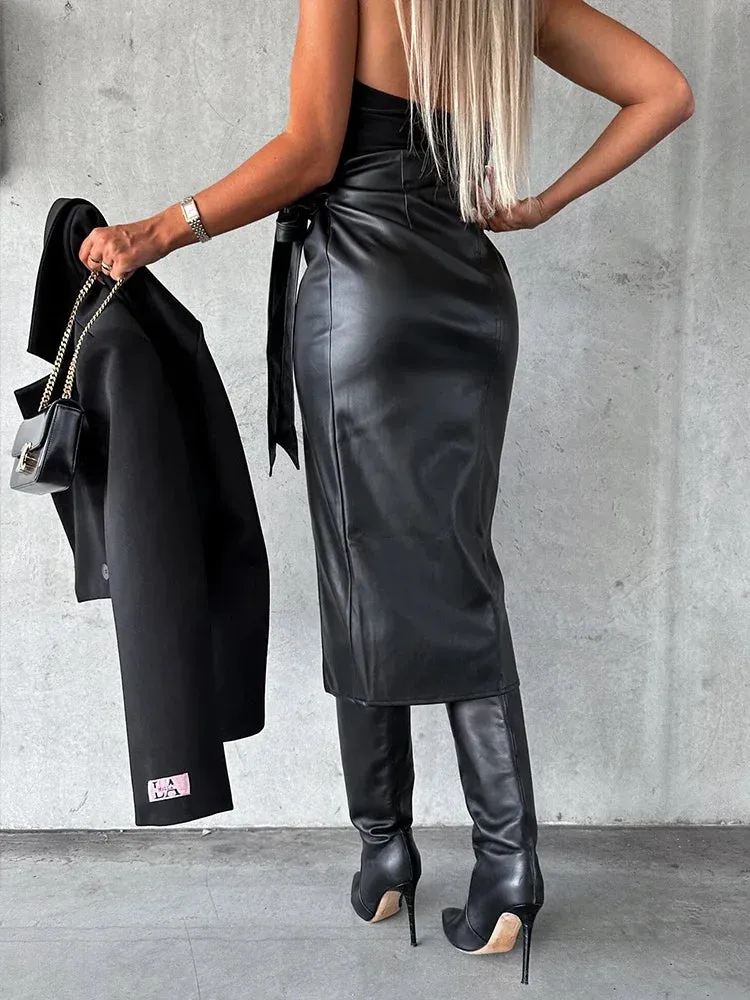 Trendy Leather  Black High Waist Pencil Slit Skirt